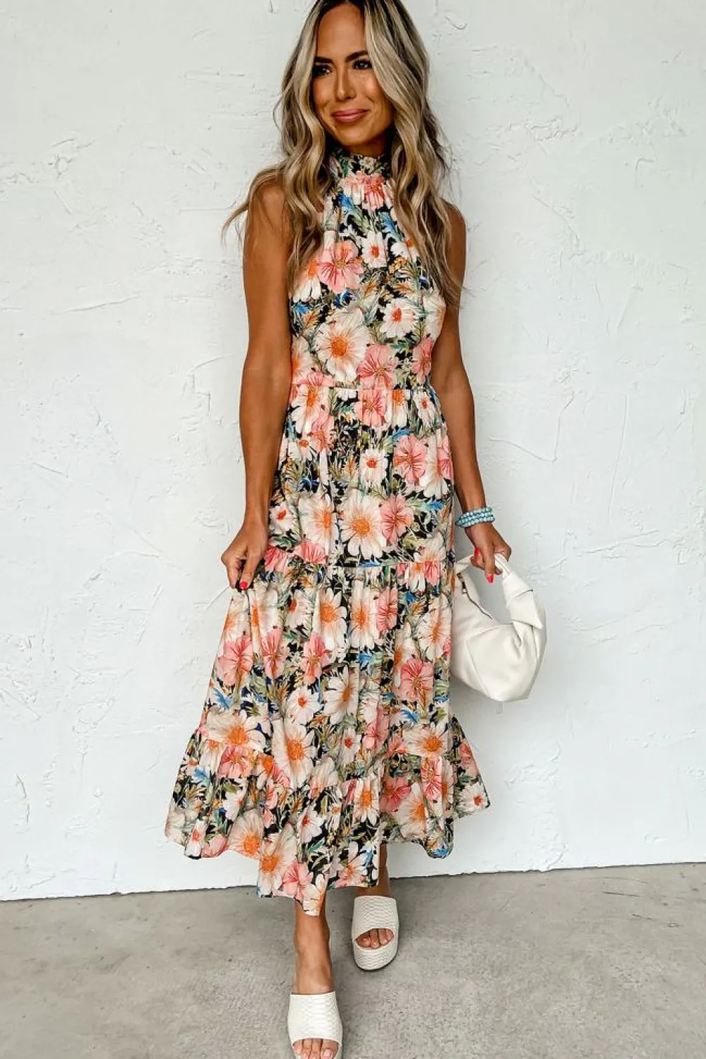 Fashion Dear-Lover Boho Floral Print Knotted Halter Ruffled Maxi Dress Black