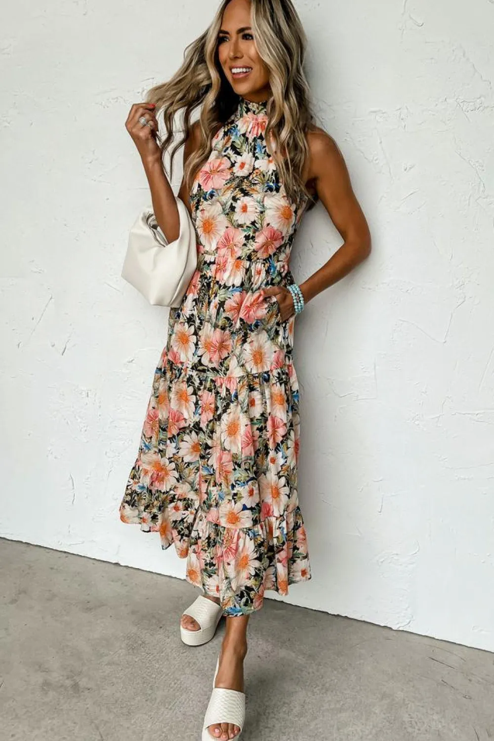 Fashion Dear-Lover Boho Floral Print Knotted Halter Ruffled Maxi Dress Black