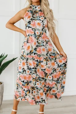 Fashion Dear-Lover Boho Floral Print Knotted Halter Ruffled Maxi Dress Black