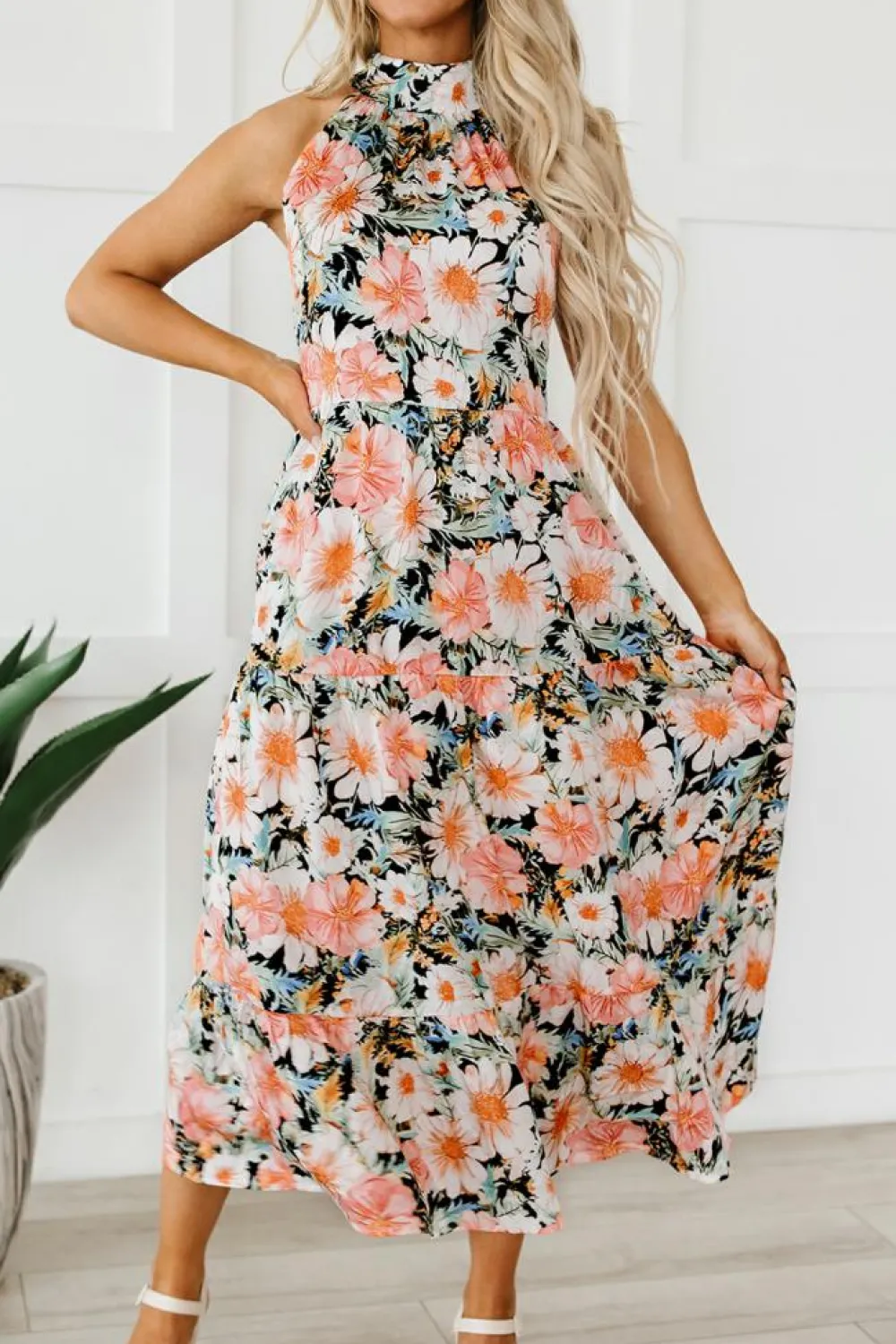 Fashion Dear-Lover Boho Floral Print Knotted Halter Ruffled Maxi Dress Black