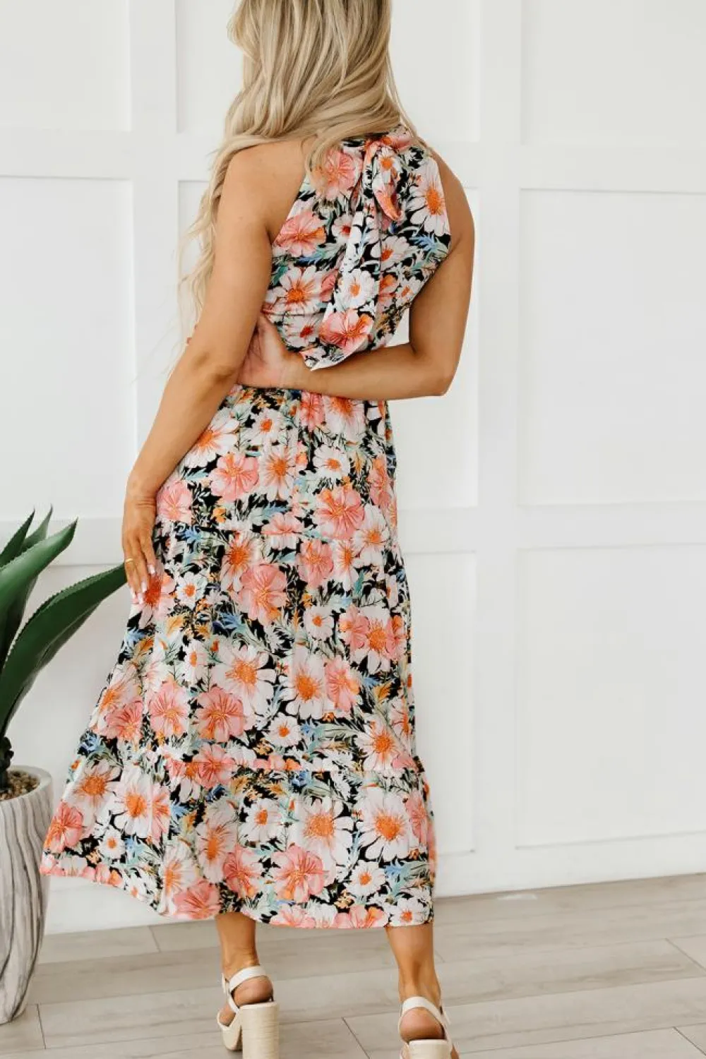 Fashion Dear-Lover Boho Floral Print Knotted Halter Ruffled Maxi Dress Black