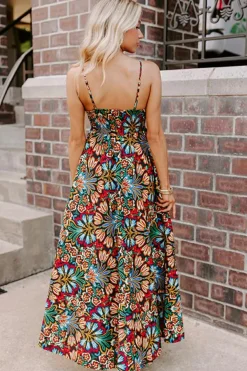 Clearance Dear-Lover Boho Floral Print Thin Straps Sleeveless High Waist Maxi Dress Black