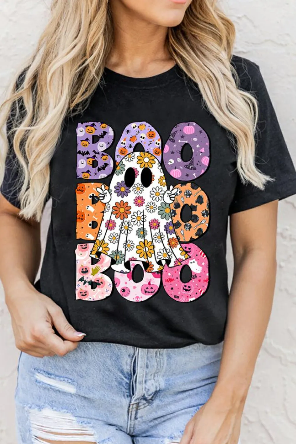 Online Dear-Lover BOO Floral Ghost Print Crew Neck Halloween T Shirt Black