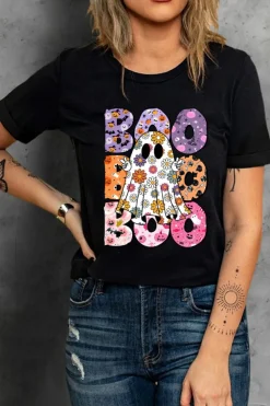 Online Dear-Lover BOO Floral Ghost Print Crew Neck Halloween T Shirt Black