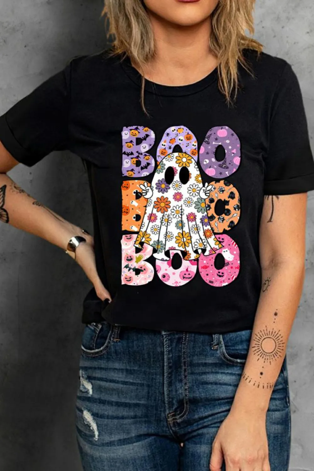 Online Dear-Lover BOO Floral Ghost Print Crew Neck Halloween T Shirt Black