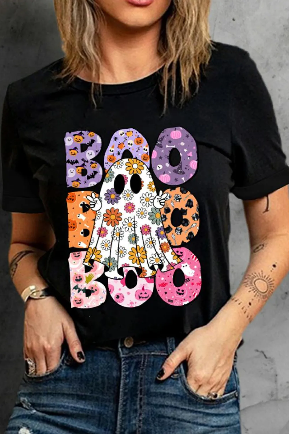 Online Dear-Lover BOO Floral Ghost Print Crew Neck Halloween T Shirt Black