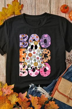 Online Dear-Lover BOO Floral Ghost Print Crew Neck Halloween T Shirt Black