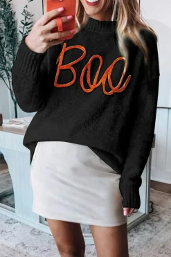 Online Dear-Lover Boo Knitted Pattern Ribbed Edge Drop Shoulder Sweater Black