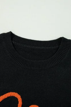 Online Dear-Lover Boo Knitted Pattern Ribbed Edge Drop Shoulder Sweater Black