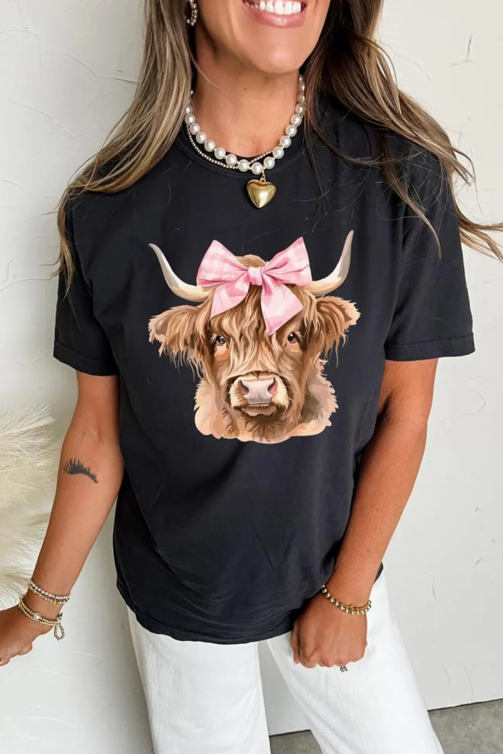 Clearance Dear-Lover Bow Cow Head Graphic Western Fashion T Shirt Black