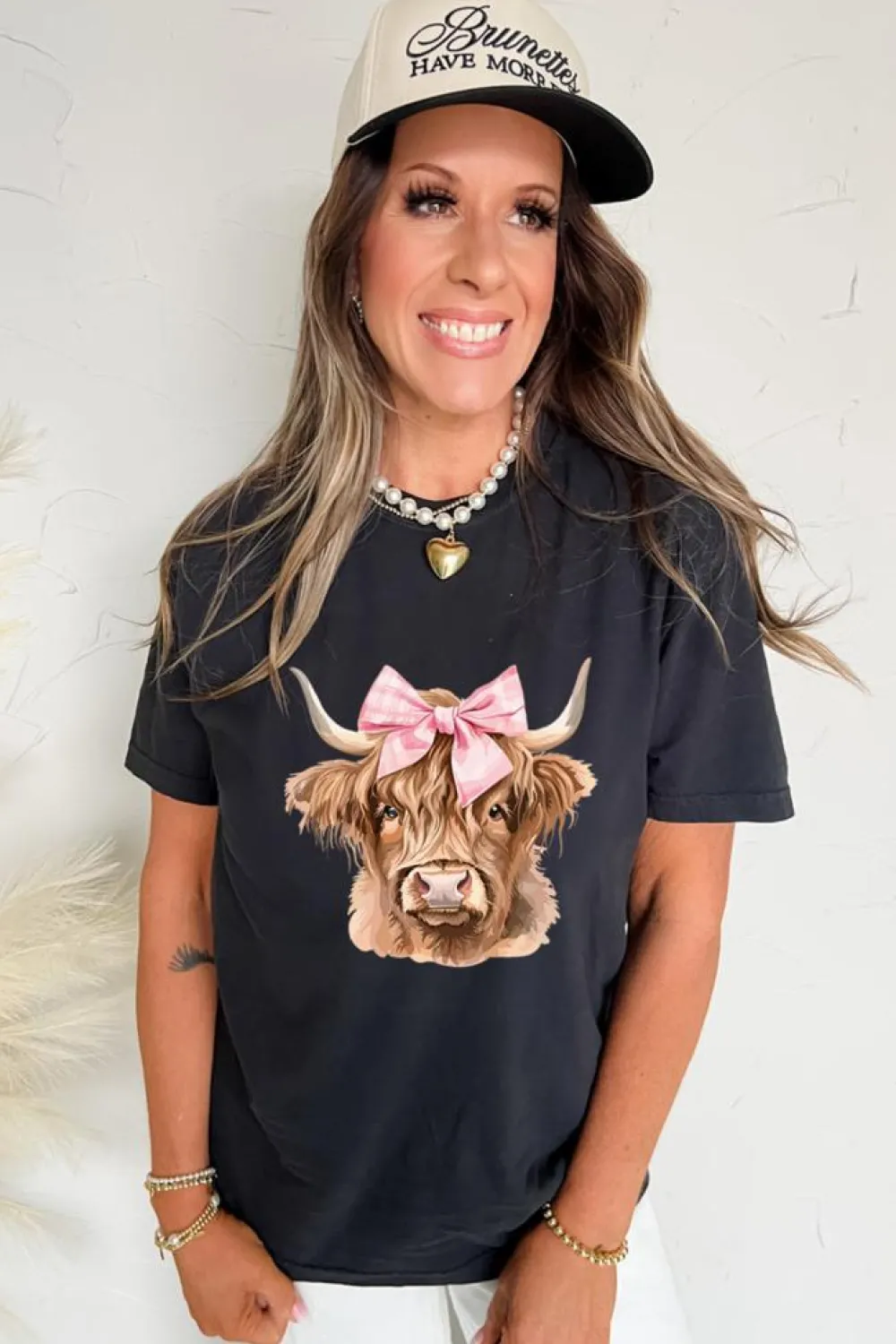 Clearance Dear-Lover Bow Cow Head Graphic Western Fashion T Shirt Black
