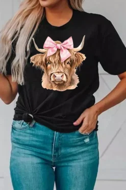 Clearance Dear-Lover Bow Cow Head Graphic Western Fashion T Shirt Black