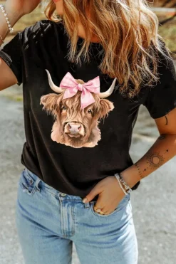 Clearance Dear-Lover Bow Cow Head Graphic Western Fashion T Shirt Black