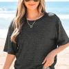 Clearance Dear-Lover Bow Decor Glittery Short Sleeve Top Black