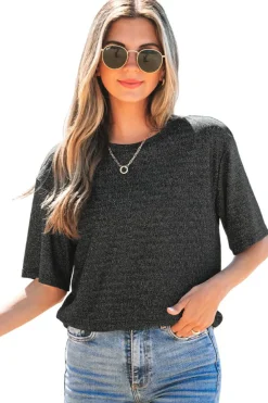 Clearance Dear-Lover Bow Decor Glittery Short Sleeve Top Black