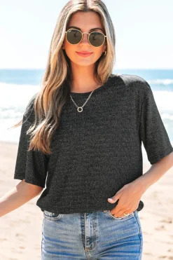 Clearance Dear-Lover Bow Decor Glittery Short Sleeve Top Black