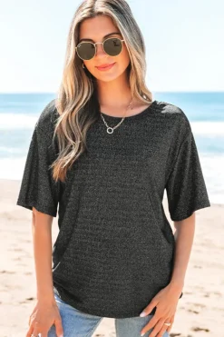 Clearance Dear-Lover Bow Decor Glittery Short Sleeve Top Black