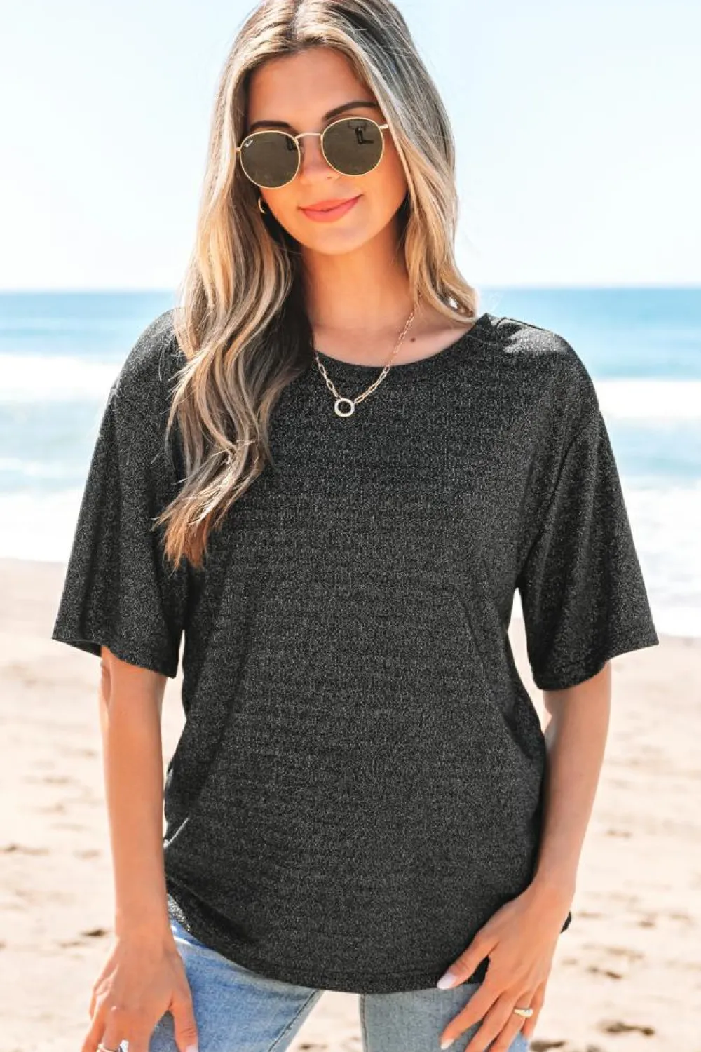 Clearance Dear-Lover Bow Decor Glittery Short Sleeve Top Black