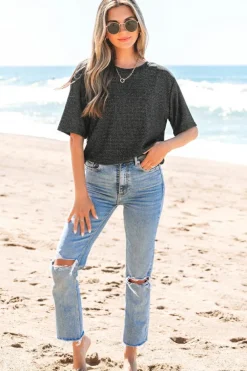 Clearance Dear-Lover Bow Decor Glittery Short Sleeve Top Black
