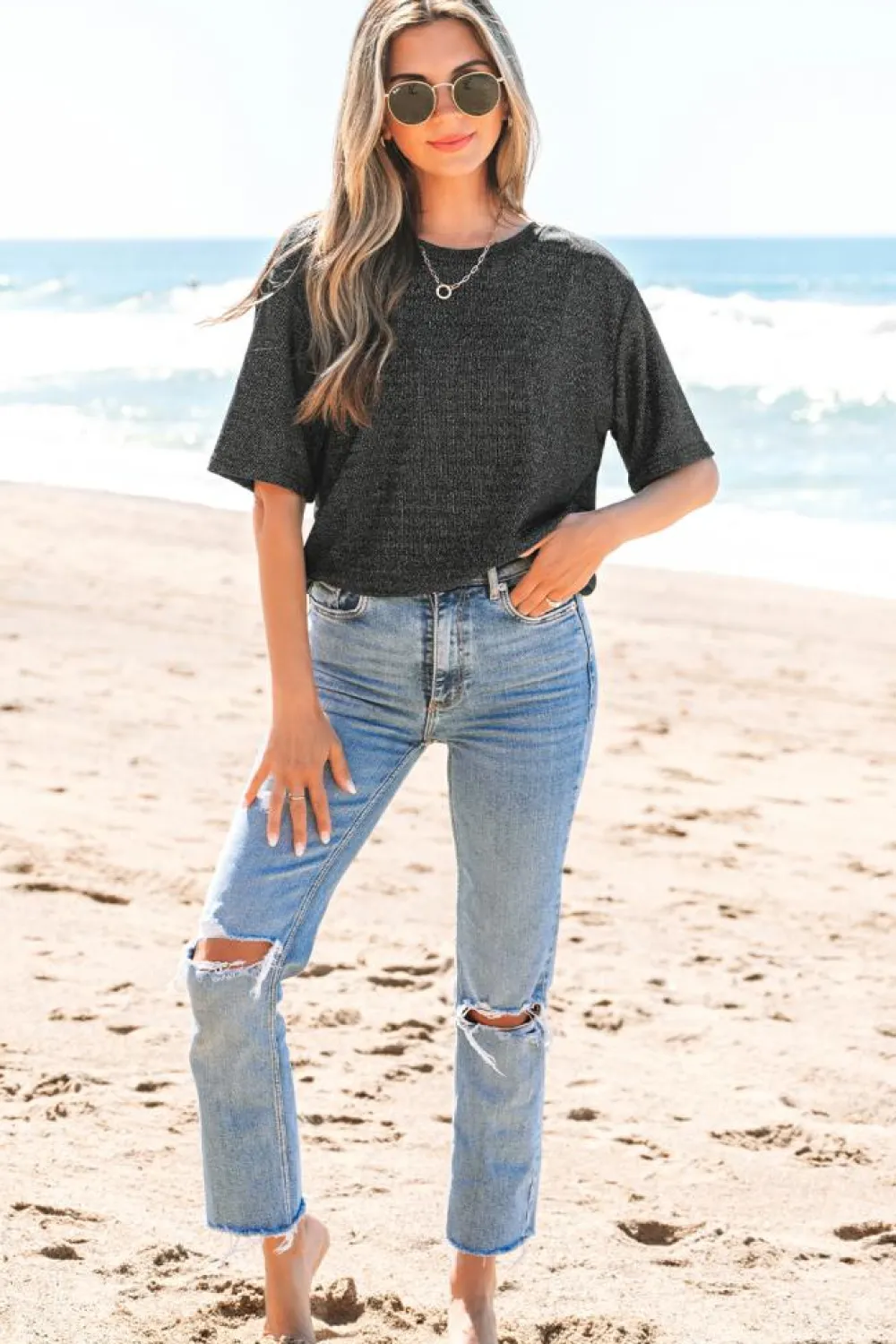 Clearance Dear-Lover Bow Decor Glittery Short Sleeve Top Black