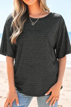 Clearance Dear-Lover Bow Decor Glittery Short Sleeve Top Black