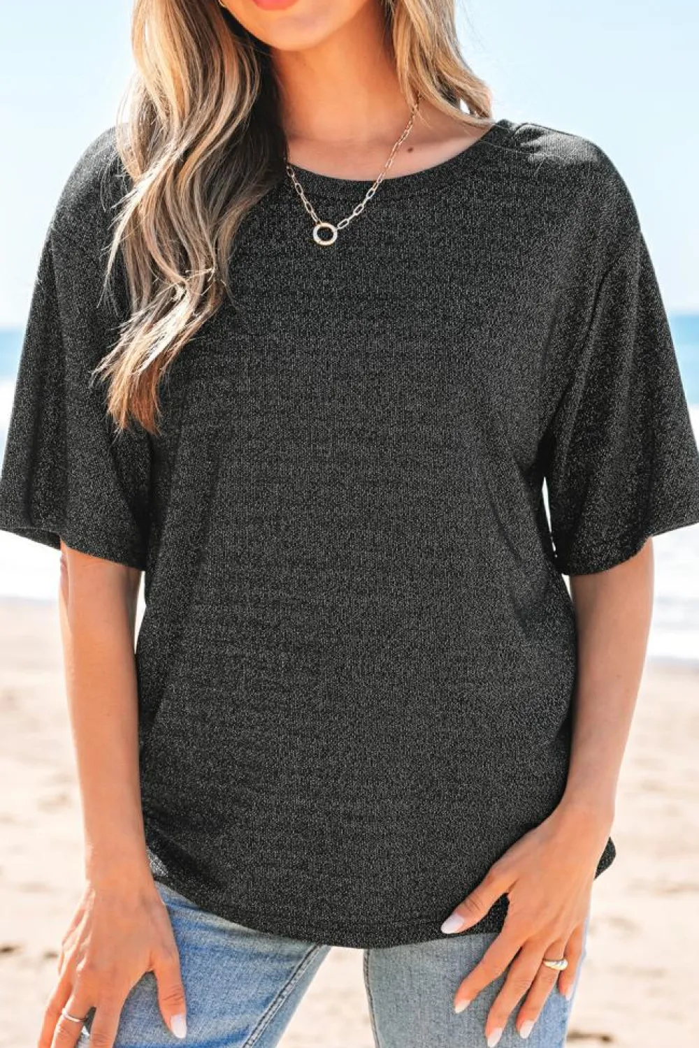 Clearance Dear-Lover Bow Decor Glittery Short Sleeve Top Black