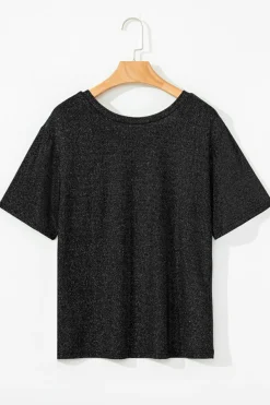 Clearance Dear-Lover Bow Decor Glittery Short Sleeve Top Black