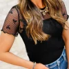 Online Dear-Lover Bow Knot Dotted See-through Mesh Patched Slim Fit Blouse Black