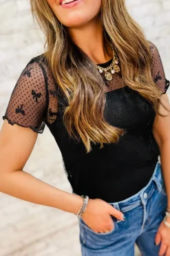 Online Dear-Lover Bow Knot Dotted See-through Mesh Patched Slim Fit Blouse Black