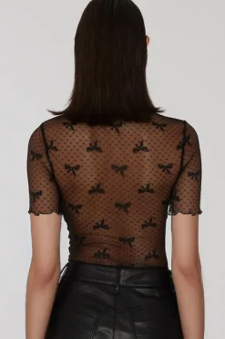 Online Dear-Lover Bow Knot Dotted See-through Mesh Patched Slim Fit Blouse Black