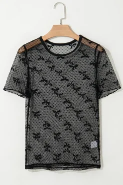 Online Dear-Lover Bow Knot Dotted See-through Mesh Patched Slim Fit Blouse Black