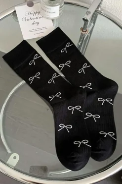 Discount Dear-Lover Bow Knot Print Ribbed Crew Socks Black