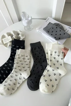 Fashion Dear-Lover Bow Knots Ribbed Edge Crew Socks Black