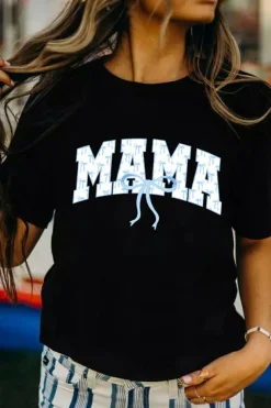Clearance Dear-Lover Bow MAMA Graphic Loose Tee Black