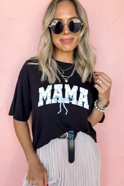 Clearance Dear-Lover Bow MAMA Graphic Loose Tee Black