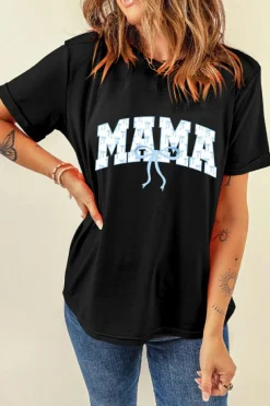 Clearance Dear-Lover Bow MAMA Graphic Loose Tee Black