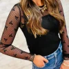 Fashion Dear-Lover Bow Pattern Accent Mesh Long Sleeve Top Black