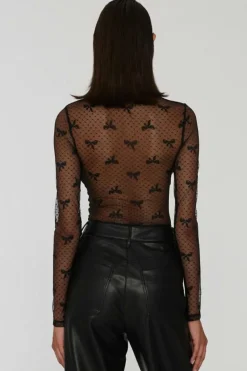 Fashion Dear-Lover Bow Pattern Accent Mesh Long Sleeve Top Black