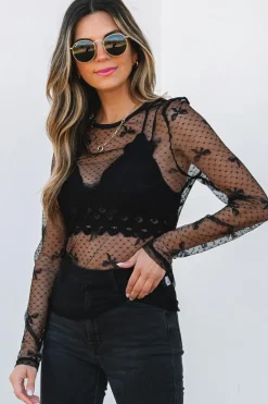Fashion Dear-Lover Bow Pattern Accent Mesh Long Sleeve Top Black