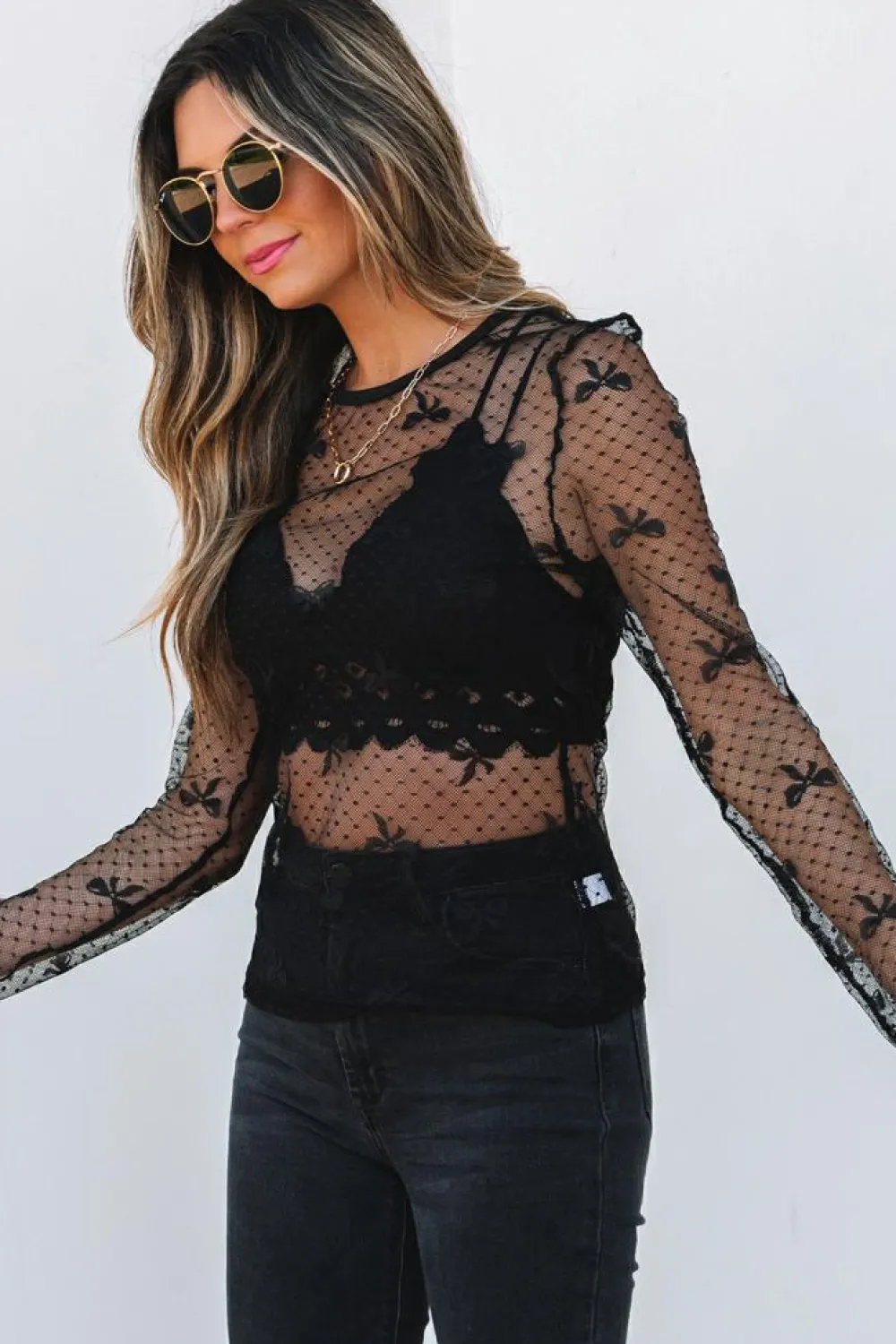 Fashion Dear-Lover Bow Pattern Accent Mesh Long Sleeve Top Black