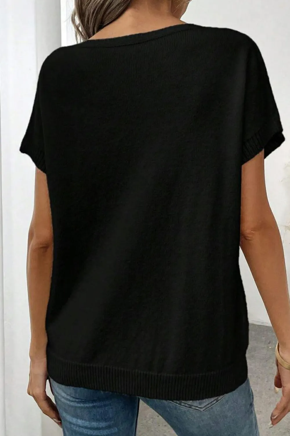 Fashion Dear-Lover Bow Pattern Knit Short Sleeve Sweater Black