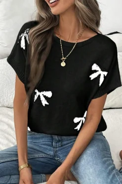 Fashion Dear-Lover Bow Pattern Knit Short Sleeve Sweater Black