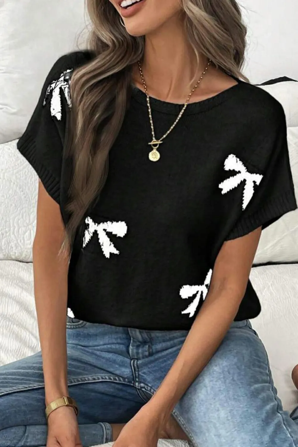 Fashion Dear-Lover Bow Pattern Knit Short Sleeve Sweater Black