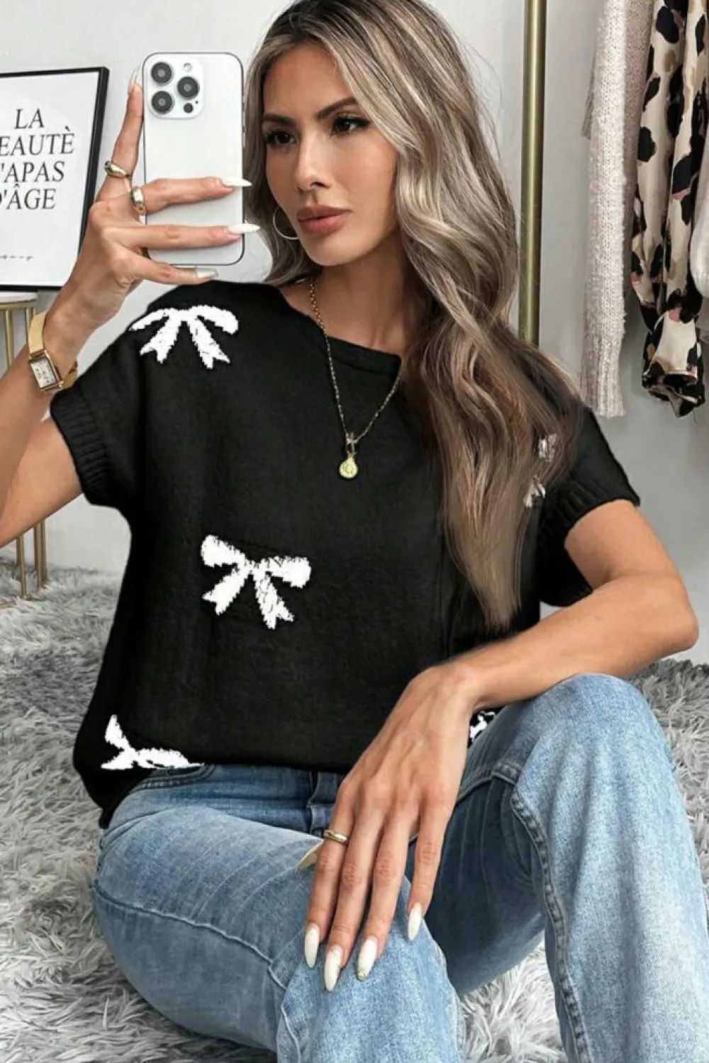 Fashion Dear-Lover Bow Pattern Knit Short Sleeve Sweater Black