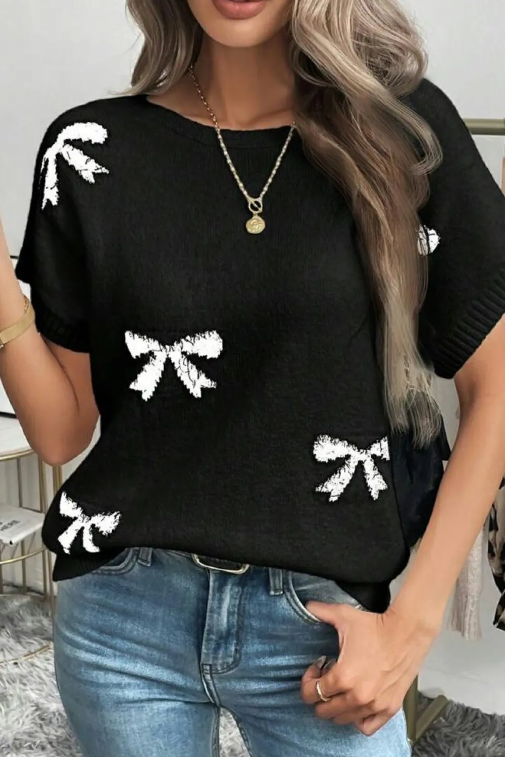 Fashion Dear-Lover Bow Pattern Knit Short Sleeve Sweater Black