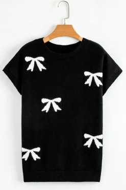 Fashion Dear-Lover Bow Pattern Knit Short Sleeve Sweater Black