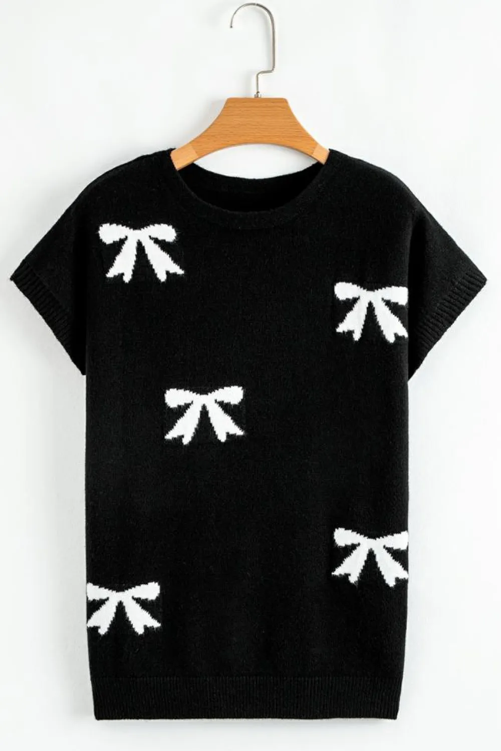 Fashion Dear-Lover Bow Pattern Knit Short Sleeve Sweater Black