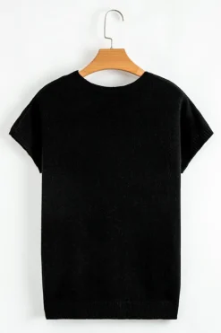 Fashion Dear-Lover Bow Pattern Knit Short Sleeve Sweater Black