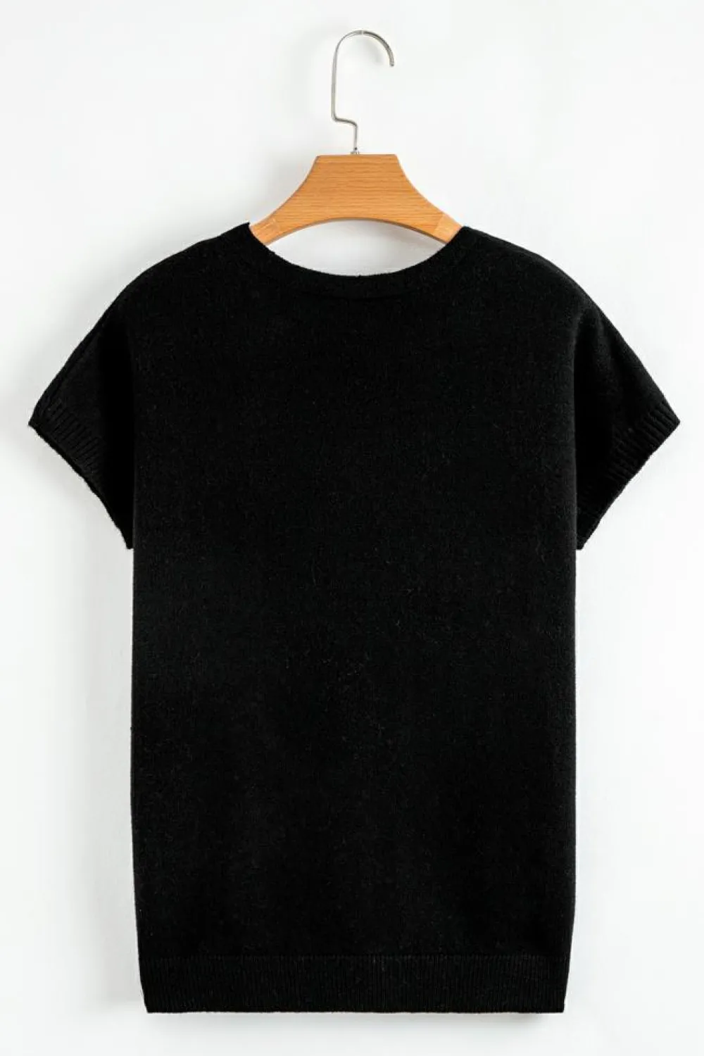 Fashion Dear-Lover Bow Pattern Knit Short Sleeve Sweater Black
