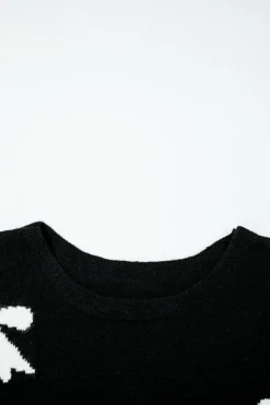 Fashion Dear-Lover Bow Pattern Knit Short Sleeve Sweater Black